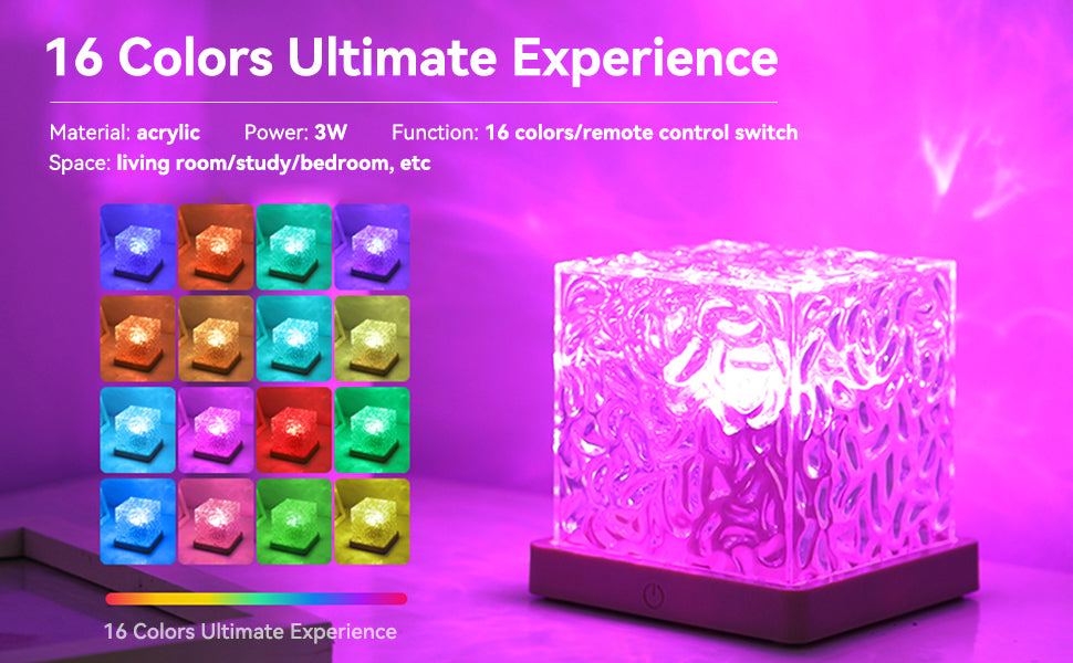 ROJDEAL 3D Ocean Wave Night Light Projector Lamp, 16 Colors Gradual Rotating LED Projection Night Lamp for Bedroom Light Decor, Crystal Table Lamp for Home, Remote Control (Cube Shape)