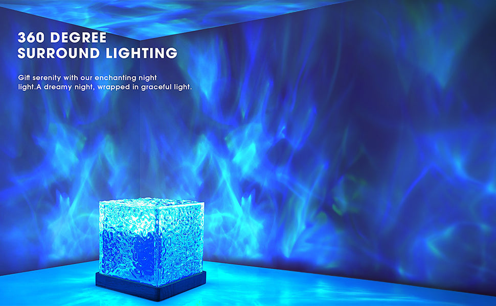 ROJDEAL 3D Ocean Wave Night Light Projector Lamp, 16 Colors Gradual Rotating LED Projection Night Lamp for Bedroom Light Decor, Crystal Table Lamp for Home, Remote Control (Cube Shape)